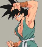  1boy arm_up armpits bare_arms black_eyes black_hair clenched_hand closed_mouth commentary copyright_request dougi dragon_ball grey_background kz_(dbz_kz) looking_to_the_side male_focus muscular muscular_male pectorals sash sideways_glance simple_background sleeveless smile solo son_goku spiked_hair upper_body wristband 