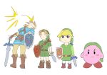  4boys automatic_giraffe belt black_eyes blonde_hair blue_tunic blush_stickers boots brown_footwear brown_hair cosplay expressionless green_headwear green_tunic harness headshot holding holding_shield holding_sword holding_weapon in_the_face kirby kirby_(series) knee_boots left-handed leggings link link_(cosplay) low_ponytail master_sword medium_hair multiple_belts multiple_boys multiple_persona odd_one_out pointy_ears scabbard sheath shield short_hair speech_bubble super_smash_bros. sword the_legend_of_zelda the_legend_of_zelda:_breath_of_the_wild the_legend_of_zelda:_ocarina_of_time the_legend_of_zelda:_the_wind_waker time_paradox toon_link weapon young_link 