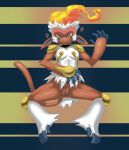  annoyed anthro aroused blue_eyes bodily_fluids female fire frown genital_fluids genitals hi_res infernape looking_at_viewer lying mammal nintendo on_back pok&eacute;mon pok&eacute;mon_(species) primate pussy pussy_juice solo tush video_games 