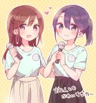  2girls :d absurdres adachi_sakura adachi_to_shimamura bangs black_hair black_skirt blue_eyes blue_shirt blush brown_hair brown_skirt closed_mouth collarbone eyebrows_visible_through_hair hair_between_eyes hair_ornament hairclip heart highres holding holding_microphone hood long_hair looking_at_viewer microphone multiple_girls open_mouth outline pleated_skirt polka_dot polka_dot_background ponytail purple_eyes shimamura_hougetsu shirt short_sleeves skirt smile sorimachi-doufu translation_request white_outline yellow_background 
