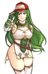  1girl absurdres armor breasts character_name commentary elbow_gloves english_commentary erinys_(fire_emblem) fingerless_gloves fire_emblem fire_emblem:_genealogy_of_the_holy_war gloves green_eyes green_hair hat highres long_hair looking_at_viewer medium_breasts no_panties pelvic_curtain simple_background smile solo thighs tridisart white_background 