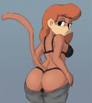  2021 anthro bra brown_body brown_fur butt clothed clothing female fur haplorhine humongous_entertainment looking_back mammal monkey monkey_penny panties pants_down partially_clothed primate r0cketjumper solo spy_fox_(series) thong underwear video_games 