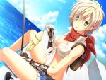  1girl :3 akira_(139931) backpack bag bags_under_eyes bandana bangs belt blacksmith_(ragnarok_online) blonde_hair blue_shorts blue_sky breasts brown_belt brown_gloves cleavage cloud commentary_request crop_top day dutch_angle exhausted eyebrows_visible_through_hair eyes_visible_through_hair feet_out_of_frame fingerless_gloves fishing fishing_rod fur-trimmed_shorts fur_trim gauntlets gloves green_eyes hair_between_eyes hair_ornament heart heart_hair_ornament holding holding_fishing_rod looking_at_viewer medium_breasts ocean open_mouth outdoors poring ragnarok_online red_neckwear shirt short_hair short_shorts shorts sitting sky sleeveless sleeveless_shirt solo squid tied_shirt water wet wet_clothes wet_shirt white_shirt 