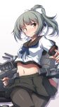  1girl 547th_sy anchor_symbol bangs black_legwear black_sailor_collar black_skirt blue_neckwear blush breasts closed_mouth cosplay dated eyebrows_visible_through_hair fubuki_(kancolle) fubuki_(kancolle)_(cosplay) gradient gradient_background grey_hair hair_ribbon highres holding kantai_collection long_hair midriff navel nose_blush panties panties_under_pantyhose pantyhose ponytail remodel_(kantai_collection) ribbon rigging sailor_collar school_uniform serafuku signature simple_background skirt small_breasts solo thighband_pantyhose underwear wavy_mouth yellow_eyes yuubari_(kancolle) 