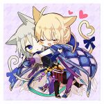  2girls animal_ears bangs black_pants blonde_hair blue_dress blue_eyes blue_footwear blush cat_ears cat_tail character_request chibi closed_eyes dress eyebrows_visible_through_hair gloves heart heart_tail hibi89 houndstooth_background hug long_hair long_sleeves merc_storia multiple_girls one_eye_closed open_mouth pants purple_gloves purple_pants short_hair silver_hair smile tail 