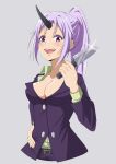  1girl :d absurdres belt belt_buckle black_belt blush breasts buckle cleavage collarbone dress_shirt grey_background hair_intakes hand_on_hip highres holding holding_knife horns jacket knife long_hair long_sleeves looking_at_viewer medium_breasts open_mouth pants purple_eyes purple_hair purple_jacket purple_pants shiny shiny_hair shion_(tensei_shitara_slime_datta_ken) shirt simple_background single_horn smile solo sparkle standing t.r tensei_shitara_slime_datta_ken yellow_shirt 