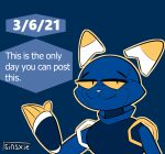  ambiguous_gender android anthro blue_background blue_body dated domestic_cat e621 english_text esix felid feline felis hi_res humor looking_at_viewer machine mammal markings mascot meme number robot simple_background sinsxie smile solo text watermark 