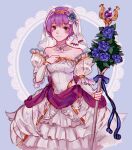  1girl bangs bernadetta_von_varley black_eyes blue_flower blue_ribbon blush closed_mouth detached_sleeves dress eyebrows_visible_through_hair fire_emblem fire_emblem:_three_houses flower grey_background hairband holding holding_staff layered_dress long_dress long_sleeves looking_at_viewer orange_hairband purple_hair rheamii ribbon shiny shiny_hair short_hair sketch sleeveless sleeveless_dress smile solo staff standing strapless strapless_dress veil white_dress white_sleeves 