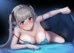  1girl azur_lane bikini black_nails blue_bikini blush breasts formidable_(azur_lane) formidable_(the_lady_of_the_beach)_(azur_lane) grey_hair large_breasts long_hair looking_at_viewer official_alternate_costume ojisan_f red_eyes solo steam string_bikini swimsuit twintails very_long_hair 