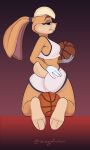  absurd_res anthro ball basketball basketball_(ball) blonde_hair blue_eyes bottomwear clothed clothing crop_top feet female gloves hair handwear hi_res holding_object hotpants kneeling lagomorph leporid lola_bunny long_ears looking_at_viewer looking_back looney_tunes mammal pulling_down_pants rabbit shaded shirt shorts singafurian sitting solo space_jam teeth topwear uniform warner_brothers yellow_body 