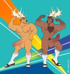  2020 abs abstract_background absurd_res anthro antlers balls barazoku beard biceps body_hair capreoline cervid chest_hair clothing duo erection facial_hair flexing footwear genital_piercing genitals grumpyfloof hair hi_res horn humanoid_genitalia humanoid_penis male mammal moose muscular muscular_anthro muscular_male navel nipples nude pecs penis penis_piercing piercing prince_albert_piercing pubes sandals smile socks standing 