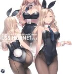  1girl animal_ears black_legwear black_leotard black_neckwear blonde_hair breasts bunny_ears bunny_tail closed_mouth cowboy_shot detached_collar ears_visible_through_hair eyebrows_visible_through_hair eyes_visible_through_hair fake_animal_ears fake_tail grey_eyes highres hornet_(kancolle) kantai_collection large_breasts leotard long_hair mole mole_on_breast multiple_views necktie pantyhose playboy_bunny rokuwata_tomoe simple_background smile tail white_background wrist_cuffs zipper zipper_pull_tab 
