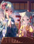  2girls animal_ear_fluff animal_ears bangs blue_kimono blurry blurry_background bow braid braided_bangs breath closed_mouth commentary_request depth_of_field eyebrows_visible_through_hair floral_print flower green_eyes grey_hair hair_bow hair_flower hair_ornament hamaru_(s5625t) highres japanese_clothes kimono long_hair long_sleeves looking_at_viewer multiple_girls obi original outdoors palms_together parted_bangs pink_flower ponytail praying print_kimono red_bow red_eyes sash smile sunrise torii yellow_kimono 