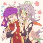  2boys bangs blush character_request closed_eyes crossed_bangs floral_background flower grey_hair hibi89 long_hair long_sleeves male_focus merc_storia multicolored_hair multiple_boys open_mouth purple_hair red_eyes short_hair smile sweatdrop upper_body very_long_hair 