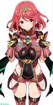  1girl armor bangs black_gloves blush breasts chest_jewel covered_navel earrings eyebrows_visible_through_hair fingerless_gloves gem gloves hands_on_own_chest headpiece highres jewelry large_breasts lips pyra_(xenoblade) red_eyes red_hair shisoneri short_hair short_shorts shorts shoulder_armor smile solo swept_bangs thighhighs thighs xenoblade_chronicles_(series) xenoblade_chronicles_2 