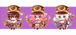  1girl 2boys 3girls :d aqua_eyes blue_pants boots brown_footwear brown_hair brown_headwear chain chibi hat hibi89 holding holding_sword holding_weapon long_hair merc_storia multiple_boys multiple_girls open_mouth pants pink_hair purple_eyes red_eyes shirt smile striped striped_background sword two-sided_fabric weapon white_hair white_shirt 