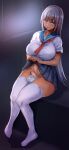  1girl aqua_eyes ball_bra bar_censor breasts censored eyebrows_visible_through_hair flaccid futanari grey_hair highres large_breasts lifted_by_self long_hair nervous_smile open_mouth original penis pleated_skirt red_neckwear sailor_collar school_uniform serafuku short_sleeves sidelocks sitting skirt skirt_lift smile solo testicles thighhighs ubanis white_legwear 