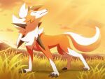  claws cloud commentary_request full_body gen_7_pokemon grass kemonobito looking_back lycanroc lycanroc_(dusk) no_humans outdoors pokemon pokemon_(creature) sky solo standing 