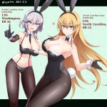  2021 absurdres animal_ears artist_name asymmetrical_sleeves azur_lane between_breasts black_gloves black_leotard black_neckwear blonde_hair blue_eyes blush bow bowtie breasts brown_gloves bunny_ears bunny_tail character_name covered_navel detached_collar fake_animal_ears fake_tail gloves half_gloves heart hebitsukai-san highleg highleg_leotard highres leotard long_hair looking_at_viewer medium_hair midriff mole mole_on_breast navel necktie necktie_between_breasts north_carolina_(azur_lane) pantyhose playboy_bunny short_shorts shorts silver_hair simple_background strapless strapless_leotard tail very_long_hair washington_(azur_lane) white_leotard wing_collar wrist_cuffs 