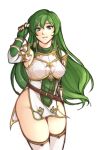  1girl absurdres armor breasts commentary elbow_gloves english_commentary erinys_(fire_emblem) fingerless_gloves fire_emblem fire_emblem:_genealogy_of_the_holy_war gloves green_eyes green_hair highres long_hair looking_at_viewer medium_breasts no_panties pelvic_curtain simple_background smile solo thighs tridisart white_background 
