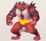  absurdres claws colored_sclera commentary fangs fangs_out fire full_body gen_7_pokemon green_eyes grey_background highres incineroar papyuuno parted_lips paws pokemon pokemon_(creature) solo standing toes yellow_sclera 