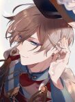 1boy band_uniform blue_eyes blurry brown_hair cape closed_mouth commentary_request depth_of_field earrings eyebrows_visible_through_hair face half-closed_eyes hand_on_ear hand_up hat highres jewelry light_particles light_smile long_sleeves looking_away looking_to_the_side mahoutsukai_no_yakusoku male_focus mandarin_collar rustica_(mahoutsukai_no_yakusoku) shako_cap short_hair shoulder_strap shuukenyuu sideways_glance solo white_cape 