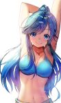  1girl arm_behind_head arms_up bikini bikini_top blue_bikini blue_eyes blue_hair blush breasts closed_mouth commentary_request highres jaku-chara_tomozaki-kun long_hair looking_at_viewer medium_breasts nanami_minami navel ponytail smile solo swimsuit tutler 