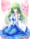  1girl ^_^ bangs bare_shoulders blue_skirt breasts cherry_blossoms closed_eyes commentary_request detached_sleeves eyebrows_visible_through_hair facing_viewer frog_hair_ornament full_body green_hair hair_between_eyes hair_ornament highres kochiya_sanae large_breasts long_hair navel osashin_(osada) petals sitting skirt smile snake_hair_ornament solo touhou very_long_hair wide_sleeves 