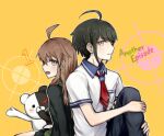  1boy 1girl :d ahoge bangs black_pants black_skirt brother_and_sister brown_eyes brown_hair commentary_request danganronpa:_trigger_happy_havoc danganronpa_(series) danganronpa_another_episode:_ultra_despair_girls genderswap genderswap_(ftm) genderswap_(mtf) hood hood_down leg_hug long_hair looking_at_viewer monokuma naegi_komaru naegi_makoto number open_mouth pants pleated_skirt red_neckwear sailor_collar shirt short_sleeves siblings sitting skirt smile white_shirt xsinon yellow_background 