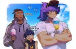  +_+ 3boys alternate_costume alternate_hairstyle bangs baseball_cap blush brothers brown_hair bubble_tea bubble_tea_challenge butterfree character_print chariko clenched_hands cloud crossed_arms cup dark_skin dark_skinned_male drinking drinking_straw drinking_straw_in_mouth earrings english_text fang gen_1_pokemon glint grey_hoodie half-closed_eyes hands_up hat holding holding_cup hood hood_down hoodie hop_(pokemon) jewelry leon_(pokemon) long_hair long_sleeves male_focus multiple_boys muscular muscular_male open_mouth orange_eyes pikachu pokemon pokemon_(creature) pokemon_(game) pokemon_swsh ponytail purple_hair raihan_(pokemon) shirt short_hair short_sleeves siblings sky sparkle symbol_commentary t-shirt undercut white_shirt wristband 