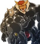  2021 5_fingers anthro bdsm belly bodysuit bulge clothed clothing collar digital_drawing_(artwork) digital_media_(artwork) duo fingers glowing glowing_eyes hair hi_res horn hyenaface hypnosis leash lock lock_bulge lock_symbol male mammal mark_(necroticmemories) mind_control muscular muscular_male rhinocerotoid rubber simple_background size_difference skinsuit spiral spiral_eyes teeth tight_clothing tongue tongue_out tusks white_background white_rhinoceros 