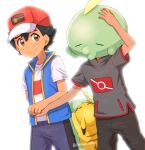  2boys arm_up ash_ketchum bangs baseball_cap black_hair blue_jacket brown_eyes chitozen_(pri_zen) closed_mouth commentary_request gen_1_pokemon gen_3_pokemon goh_(pokemon) gulpin hair_between_eyes hat holding_hand jacket male_focus multiple_boys on_head pants pikachu pokemon pokemon_(anime) pokemon_(creature) pokemon_on_head pokemon_swsh_(anime) shirt short_hair short_sleeves shorts side_slit sleeveless sleeveless_jacket smile t-shirt white_shirt 