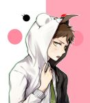  1boy ahoge alternate_costume bangs blush brown_eyes brown_hair character_print commentary_request danganronpa_(series) danganronpa_2:_goodbye_despair green_neckwear hand_up hinata_hajime hood hood_up hooded_jacket jacket long_sleeves looking_at_viewer looking_to_the_side male_focus monokuma monomi_(danganronpa) necktie open_clothes open_jacket open_mouth shirt short_hair solo upper_body upper_teeth white_shirt xsinon 