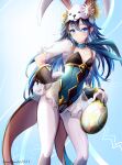  1girl bangs blue_choker blue_eyes blue_hair blue_leotard blush breasts choker clear_glass_(mildmild1311) cleavage closed_mouth collarbone easter_egg egg fire_emblem fire_emblem_heroes floating_hair gloves hair_between_eyes hand_on_hip highres leotard long_hair looking_at_viewer lucina_(fire_emblem) pantyhose see-through shiny shiny_hair small_breasts solo standing twitter_username very_long_hair watermark white_gloves white_legwear 