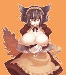  2021 5_fingers anthro apron beverage big_breasts black_clothing black_nose breasts brown_eyes brown_hair canid canine canis cleavage clothed clothing coffee cup cute_fangs cutlery domestic_dog female fingers fluffy fluffy_ears fluffy_tail frilly frilly_clothing fur hair hi_res huge_breasts kemono kitchen_utensils looking_at_viewer maid_headdress maid_uniform mammal momomofura multicolored_body multicolored_fur open_mouth orange_background portrait ribbons short_hair simple_background solo spoon three-quarter_portrait tools tray uniform waiter white_body white_clothing white_fur 