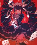 1girl absurdres black_dress black_hair card character_request commentary_request danganronpa_(series) dress drill_hair drill_locks earrings eyelashes grgrton hair_ornament happy highres jewelry joker_(card) long_hair looking_at_viewer playing_card red_background red_eyes ribbon simple_background smile solo standing thighhighs thighs twintails very_long_hair white_ribbon 