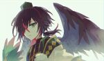  1boy black_hair character_request fan feathered_wings feathers green_eyes green_headwear hair_over_one_eye hat hibi89 looking_at_viewer male_focus merc_storia multicolored_hair short_hair solo streaked_hair string tokin_hat upper_body wings 