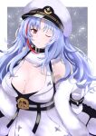  1girl azur_lane bangs bare_shoulders black_bra black_choker blush bra breasts choker cleavage closed_mouth coat commentary_request cowboy_shot dress eyebrows_visible_through_hair fur_collar gloves hair_between_eyes hat highres honyara-san large_breasts long_hair looking_at_viewer military_hat mole mole_on_breast multicolored_hair off_shoulder one_eye_closed parted_bangs red_eyes red_hair sidelocks silver_hair sleeveless sleeveless_dress solo standing streaked_hair tallinn_(azur_lane) underwear white_coat white_dress white_gloves white_hair 