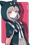  1girl animal_bag animal_hood backpack bag bangs black_shirt blush breasts brown_skirt cat_bag cat_hood character_name collared_shirt commentary_request danganronpa_(series) danganronpa_2:_goodbye_despair dress_shirt eyebrows_visible_through_hair flipped_hair green_jacket hair_ornament hairclip highres holding_strap hood hood_up hooded_jacket jacket light_brown_hair long_sleeves looking_at_viewer medium_hair nanami_chiaki pink_background pink_bag pink_eyes pink_hair pleated_skirt ribbon sasa_kado_(redbluemoon74) shirt shirt_tucked_in skirt sleeves_past_wrists small_breasts smile solo white_background white_shirt 