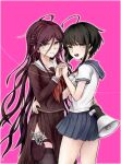  2girls :d ahoge bangs black_hair black_legwear blush braid breasts brown_hair collarbone commentary_request cowboy_shot danganronpa_(series) danganronpa_another_episode:_ultra_despair_girls fukawa_touko glasses green_eyes hair_ornament hairclip hand_on_another&#039;s_hip hand_up holding_hands hug interlocked_fingers long_hair long_skirt long_sleeves looking_at_viewer megaphone mole multiple_girls naegi_komaru open_mouth pink_background pleated_skirt round_eyewear school_uniform scissors serafuku shirt short_hair short_sleeves side_slit sidelocks skirt smile thighhighs twin_braids very_long_hair xsinon 