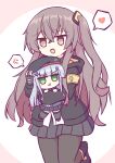  2girls anger_vein armband bangs beret black_jacket black_legwear blue_hair blunt_bangs brown_eyes brown_hair chibi collared_shirt girls_frontline green_eyes hair_between_eyes hat heart highres hk416_(girls_frontline) holding_another hood hooded_jacket jacket kashimu long_hair multiple_girls open_mouth pantyhose plaid pleated_skirt shirt side_ponytail skirt thighhighs ump45_(girls_frontline) white_shirt 