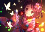 1girl animal_print antennae back_bow black_eyes bow bug butterfly butterfly_print candy_apple closed_mouth collarbone entoma_vasilissa_zeta fangs flower food hair_flower hair_ornament highres holding holding_food insect japanese_clothes kimono long_sleeves obi overlord_(maruyama) pink_flower pink_kimono poppu print_kimono purple_hair red_bow sash shiny shiny_hair short_hair sleeves_past_fingers sleeves_past_wrists slit_pupils solo yukata 