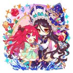  2girls ;d bangs black_bow black_hair blush bow character_request crystal dress eyebrows_visible_through_hair flower hat hibi89 holding_hands long_hair looking_at_another merc_storia multiple_girls one_eye_closed open_mouth orange_eyes purple_eyes red_flower red_hair red_rose rose smile star_(symbol) two_side_up very_long_hair white_flower white_rose witch_hat 