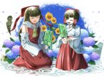  2girls bangs blunt_bangs bow brown_hair closed_eyes colored_skin commentary_request cookie_(touhou) detached_sleeves eyebrows_visible_through_hair flower food fuckin_animal full_body hair_bow hair_tubes hakama_skirt hakurei_reimu highres japanese_clothes kimono kneeling long_hair miko multiple_girls nontraditional_miko open_mouth popsicle purple_flower red_bow red_shirt red_skirt rock ru_(cookie) shirt short_hair skirt sleeveless sleeveless_shirt snail sunflower touhou translation_request tsuno_(nicoseiga11206720) water white_flower white_kimono white_skin white_sleeves yamasaka_aimi yellow_flower |d 