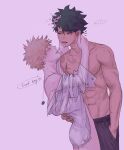  ... 2boys abs absurdres artist_name bakugou_katsuki bangs blonde_hair boku_no_hero_academia cigarette commentary_request ear_pull english_text freckles from_side grey_background hand_in_another&#039;s_hair hand_in_pocket heart height_difference highres jewelry looking_at_another male_focus midoriya_izuku mouth_hold multiple_boys naked_shirt navel necklace pants scar shirt shirtless short_hair simple_background speech_bubble spoken_ellipsis spoken_heart standing wengwengchim yaoi 