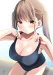  1girl azuma_yuki bangs breasts brown_eyes brown_hair cleavage dated eyebrows_visible_through_hair from_above highres idolmaster idolmaster_shiny_colors long_hair looking_at_viewer medium_breasts one-piece_swimsuit solo sonoda_chiyoko swimsuit twintails water white_background 