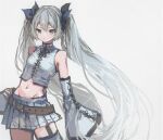  1girl absurdres aile_d&#039;ange_(module) aqua_eyes bare_shoulders belt black_bow bow contrapposto cowboy_shot crop_top detached_sleeves grey_hair grey_shirt grey_skirt grey_sleeves hair_bow hand_on_hip hatsune_miku highres krlouvf lace-up_sleeves lace-up_top long_hair looking_at_viewer midriff navel project_diva_(series) shirt single_thighhigh sketch skirt sleeveless sleeveless_shirt solo thighhighs twintails very_long_hair vocaloid white_background wide_sleeves 