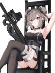  1girl absurdres armpits bangs black_choker black_dress black_gloves black_legwear blush breasts bullpup choker cleavage closed_mouth crossed_legs double_bun dress eyebrows_visible_through_hair fingerless_gloves girls_frontline gloves gun hand_on_head highres holding holding_weapon jewelry long_hair looking_at_viewer medium_breasts necklace p90 p90_(girls_frontline) platinum_blonde_hair red_eyes rynn_(rynn_cube) sitting solo submachine_gun thighhighs thighs weapon white_background 