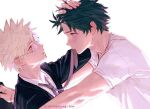  2boys artist_name bakugou_katsuki bangs bespectacled black_jacket blonde_hair boku_no_hero_academia collared_shirt commentary_request dutch_angle eye_contact freckles glasses green_hair grey_background hand_on_another&#039;s_head highres jacket long_sleeves looking_at_another male_focus messy_hair midoriya_izuku multiple_boys parted_lips scar_on_arm shirt short_hair short_sleeves simple_background spiked_hair upper_body wengwengchim white_background white_shirt yaoi 