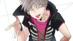  1boy black_wristband dabu_(dabuchan) grey_hair highres kemono_jihen looking_at_viewer male_focus pink_shirt post shirt short_hair short_sleeves silver_eyes solo tademaru_shiki tongue tongue_out upper_body white_background 